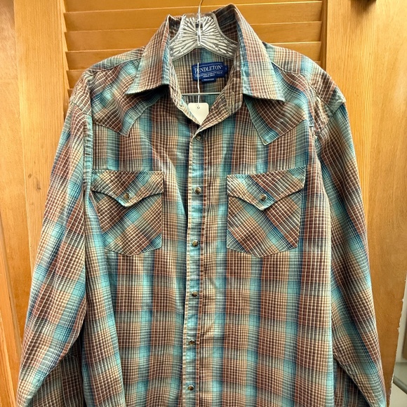 Pendleton Men's Long Sleeve Blue/Brown Plaid Cotton Button Shirt, Sz: Large, EUC - Picture 1 of 8